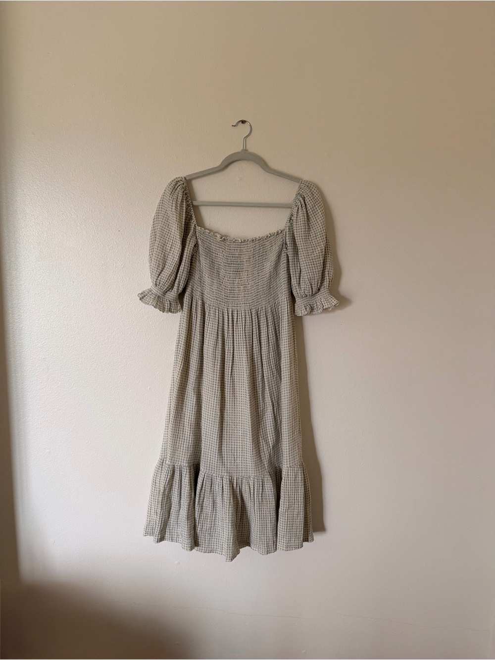 Smocked Square-Neck Midi Dress in Light Beige Gingham